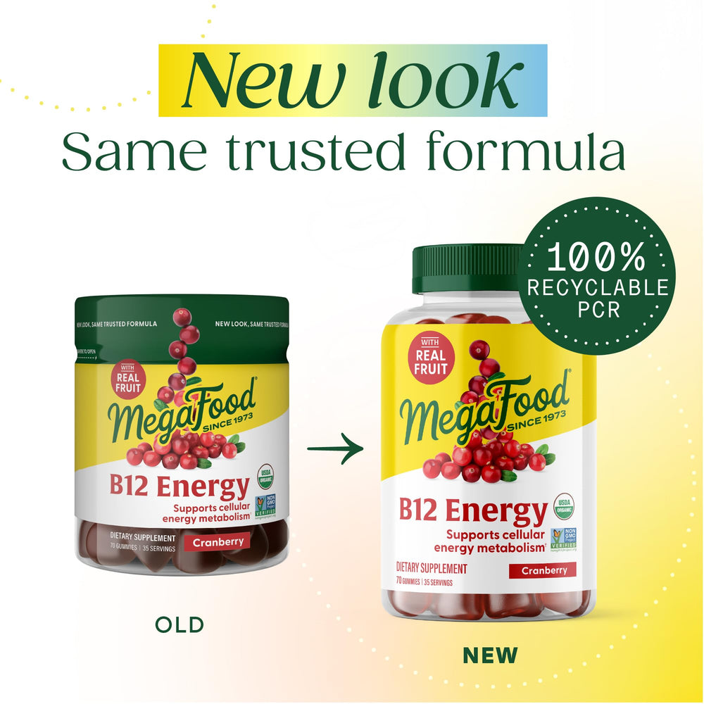 MegaFood B12 Energy Gummies cranberry close-up shows chewy texture for daily use