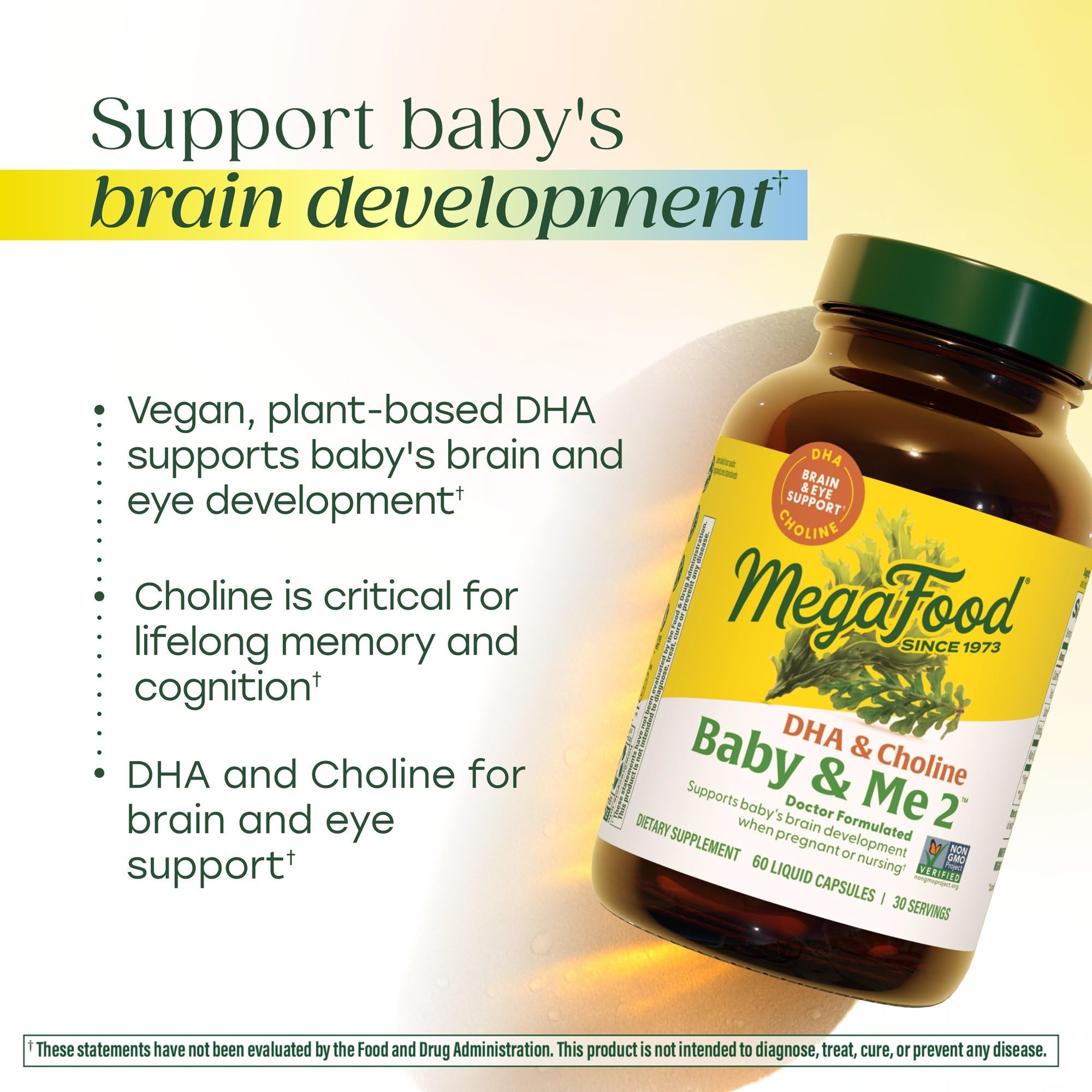 MegaFood Baby & Me 2 algae DHA vegan formula with clean ingredients.