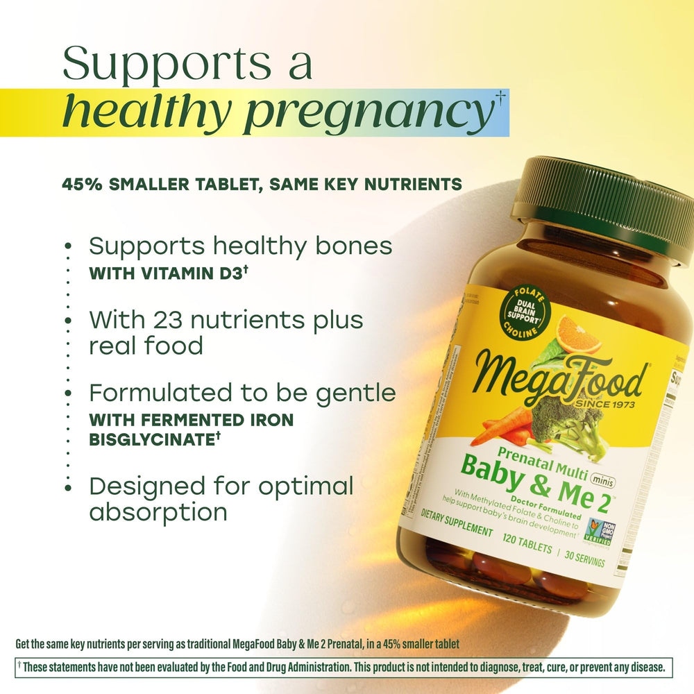 MegaFood Baby & Me 2 label highlights real-food ingredients and choline content