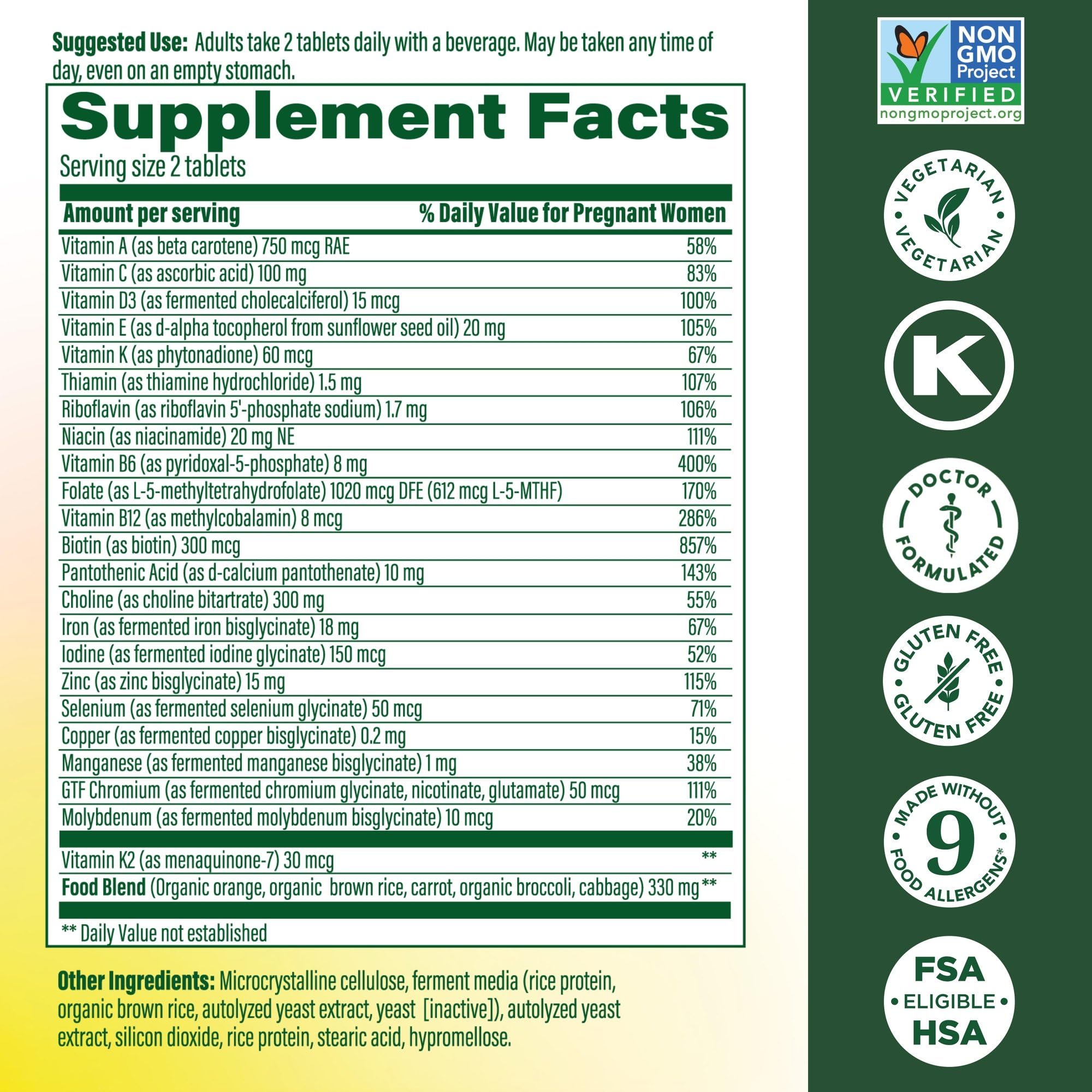 MegaFood Baby & Me 2 bottle label highlighting real-food ingredients
