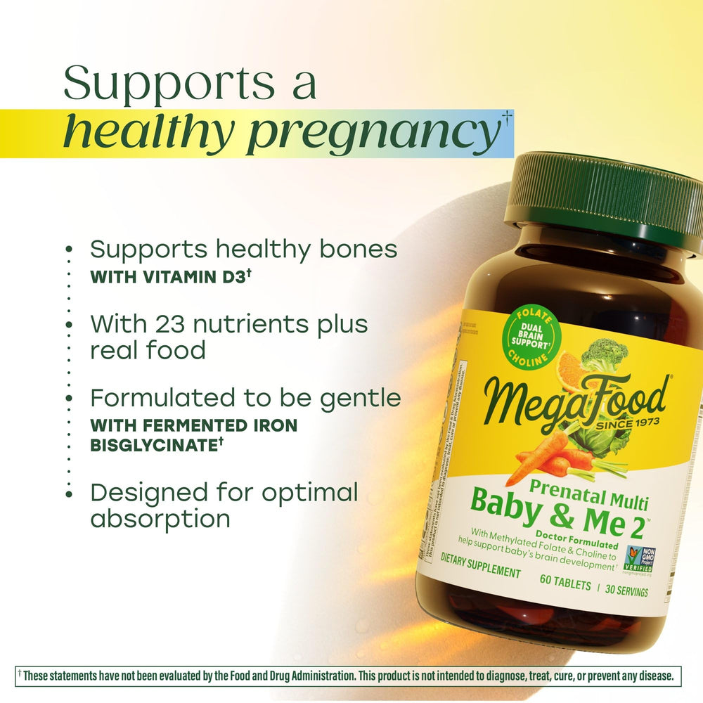MegaFood Baby & Me 2 ingredients chart featuring real-food blend