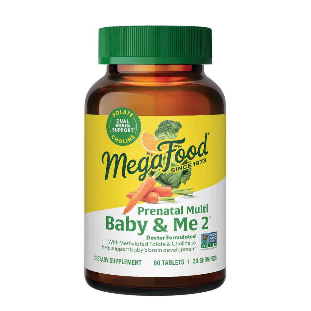 MegaFood Baby & Me 2 bottle front shows trusted prenatal vitamins for moms-to-be
