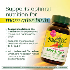 MegaFood Baby & Me 2 ingredient label shows key nutrients for new moms.