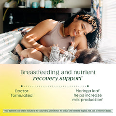 MegaFood Baby & Me 2 moringa leaf illustration highlights lactation support.