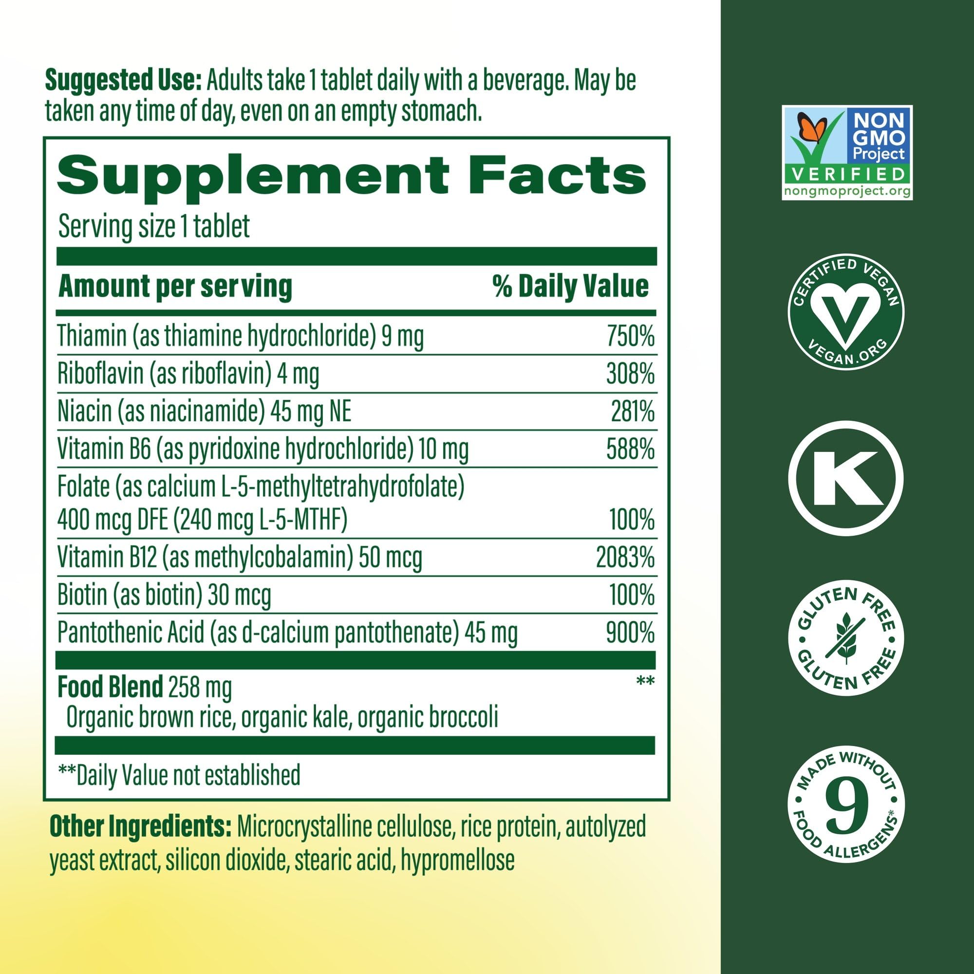 MegaFood Balanced B Complex label highlights vegan, gluten-free B vitamins for everyday wellness.