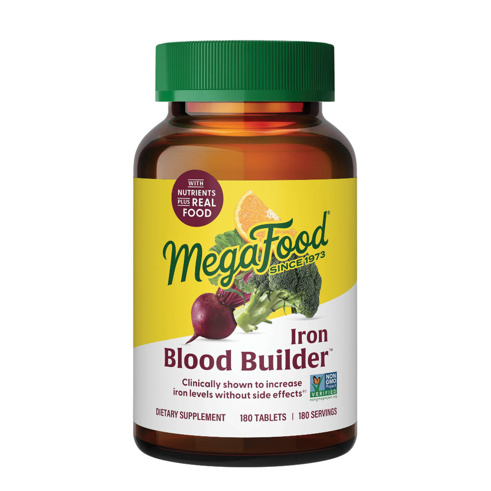 MegaFood Blood Builder bottle front showing label and capsules for daily iron support