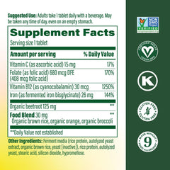 MegaFood Blood Builder bottle front highlights vegan-friendly iron option for adults.