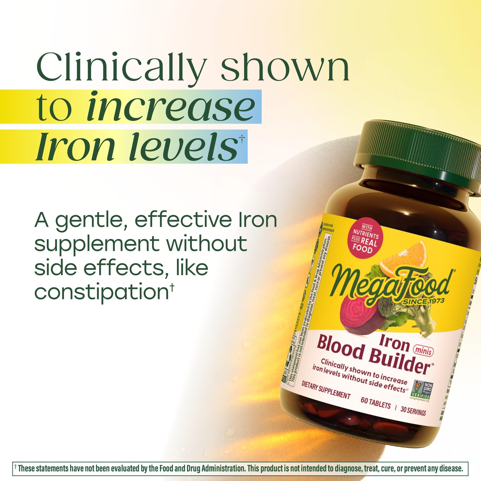 Close-up of MegaFood Blood Builder tablet showing compact mini size