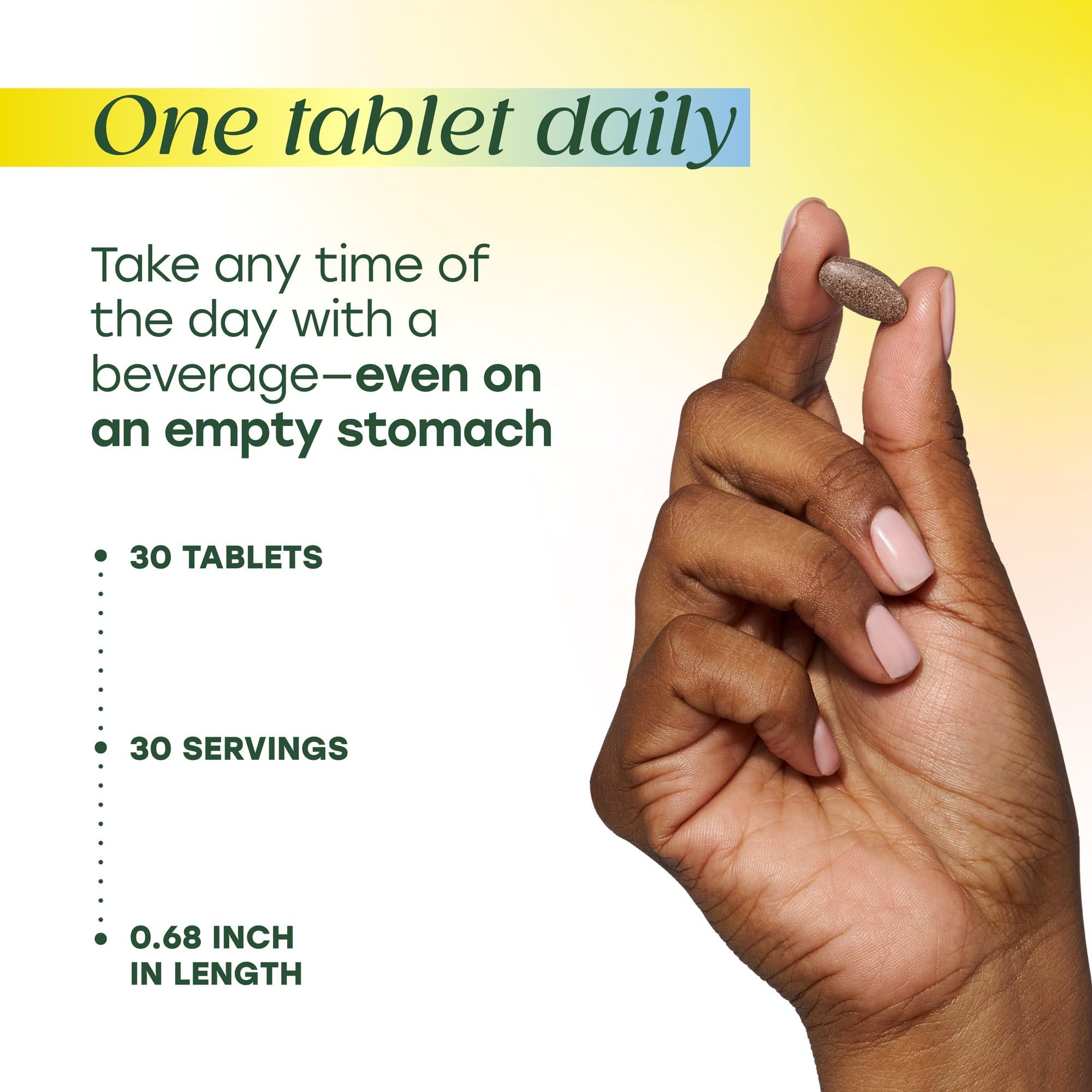 MegaFood Blood Builder dispensed tablet demonstrates easy, anytime dosing.
