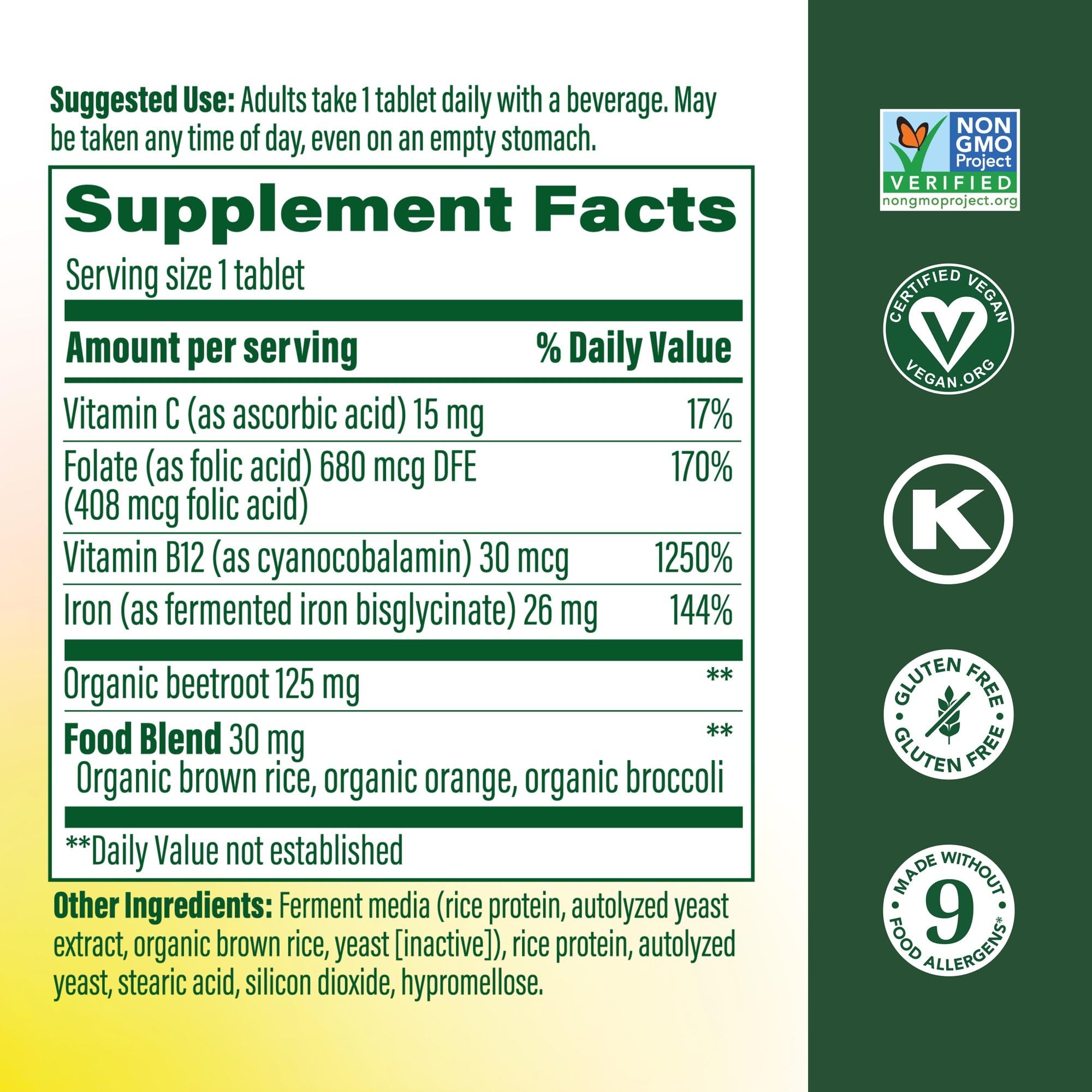 MegaFood Blood Builder label close-up highlighting vegan and non-GMO status