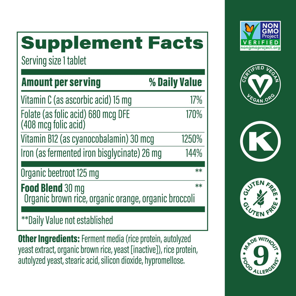 Label close-up of MegaFood Blood Builder ingredients and vitamins