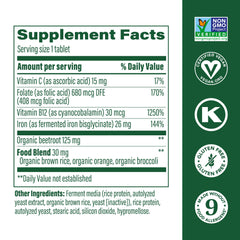 Label close-up of MegaFood Blood Builder ingredients and vitamins