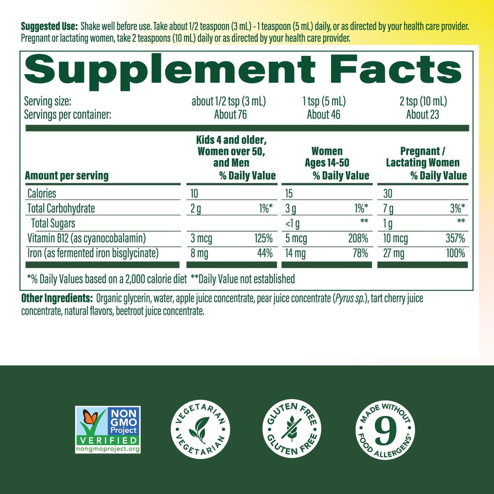 Teaspoon dose on the bottle for a precise daily serving of blood builder iron.