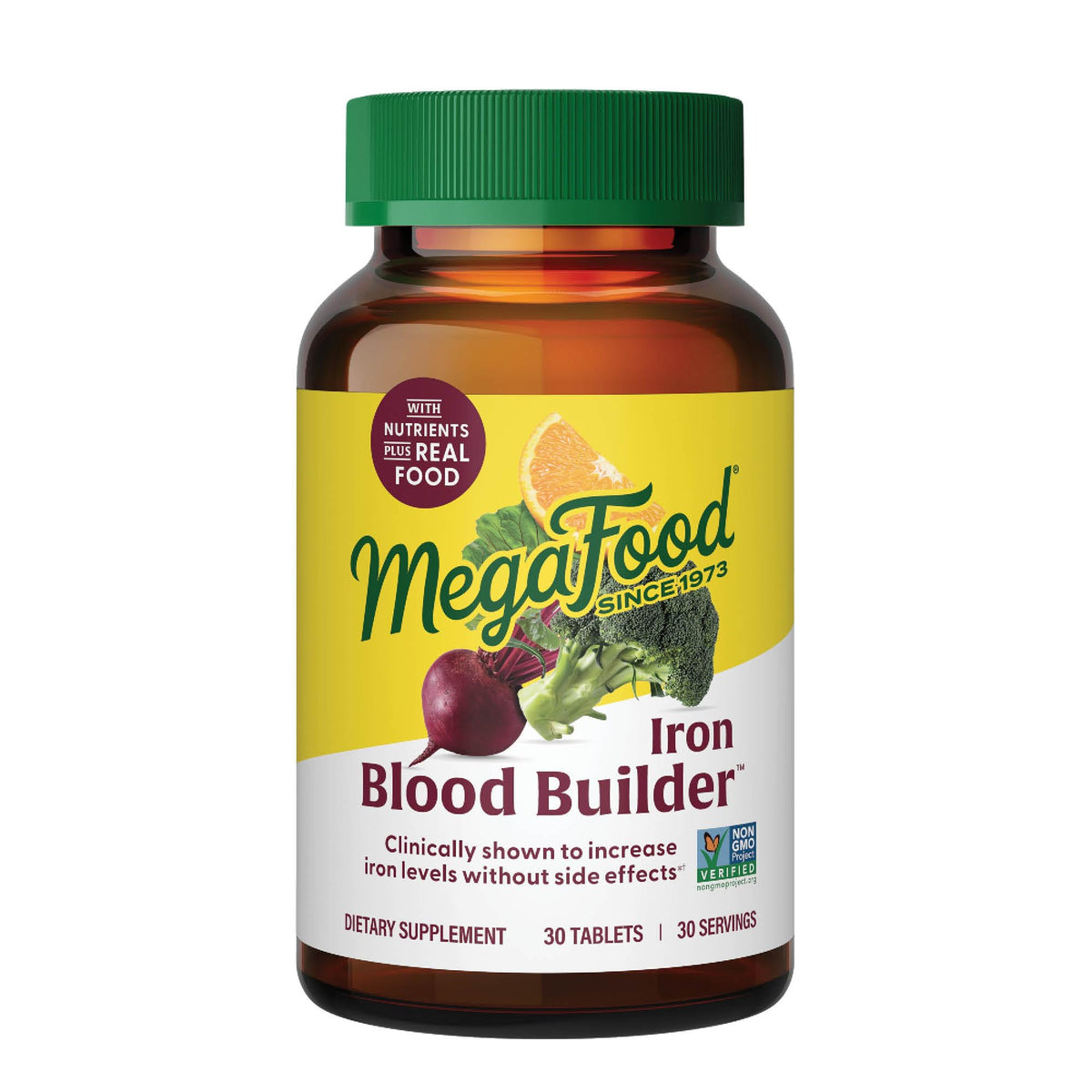 MegaFood Blood Builder tablets close-up showing gentle iron for daily energy support.