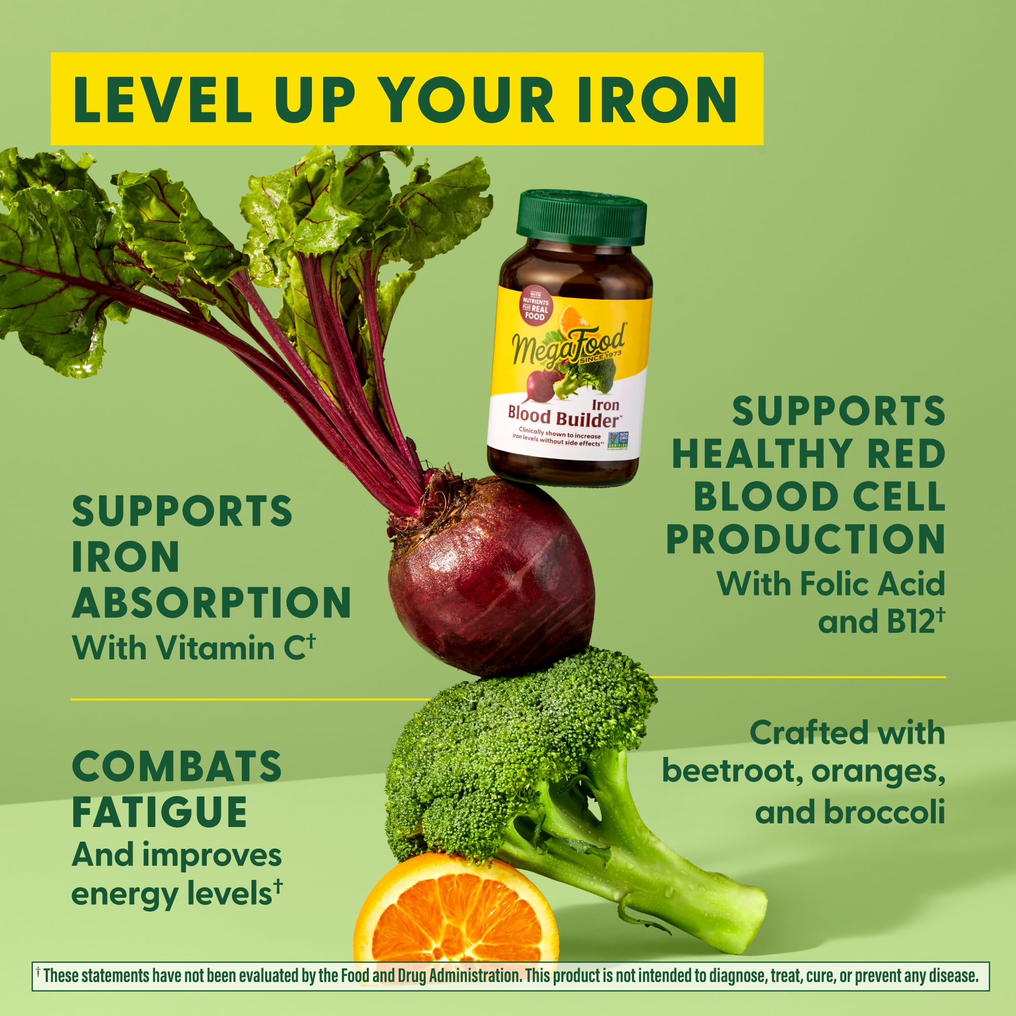 Vegan-friendly MegaFood Blood Builder packaging and vegan symbol