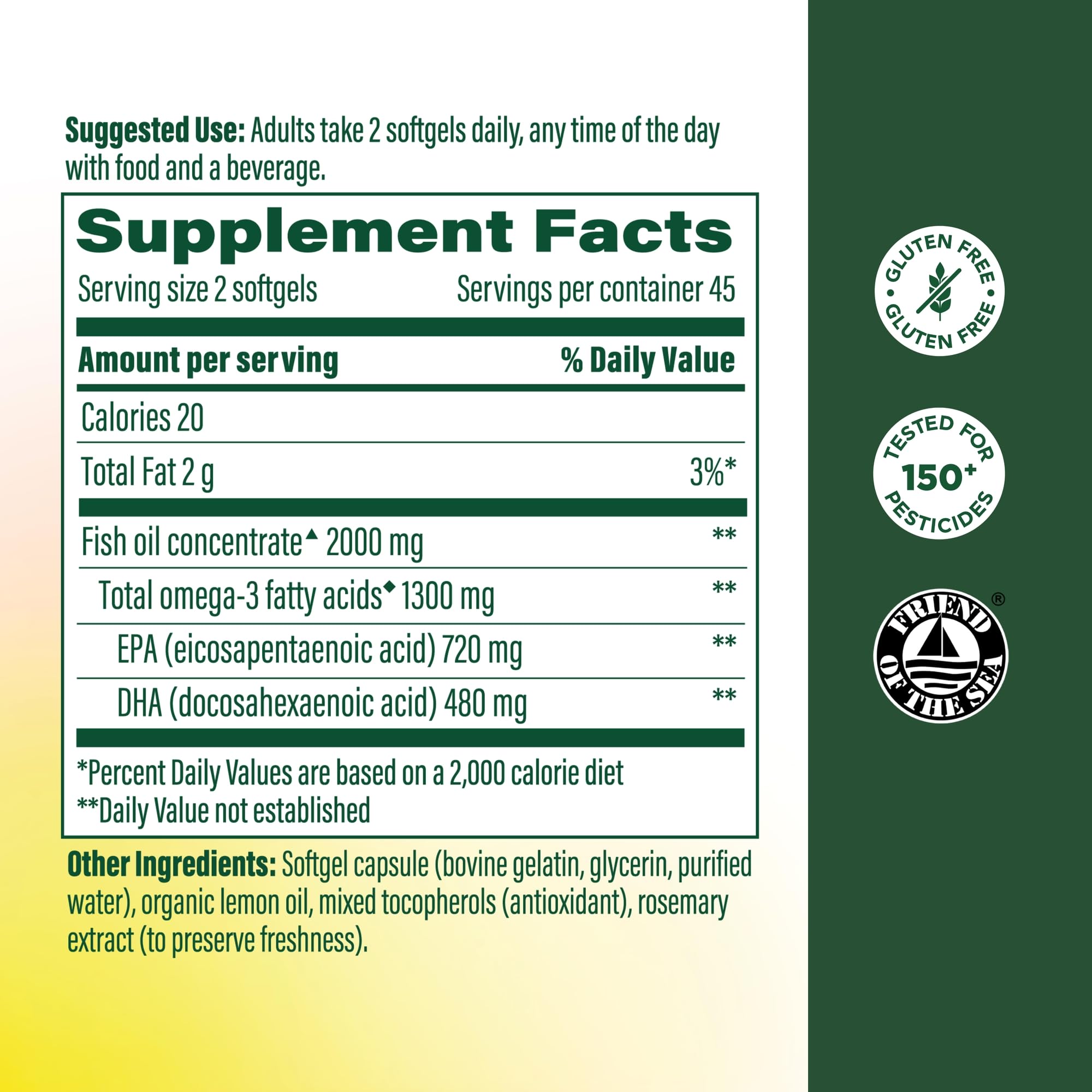 Close-up of MegaFood burp-less omega-3 softgels with lemon aroma.