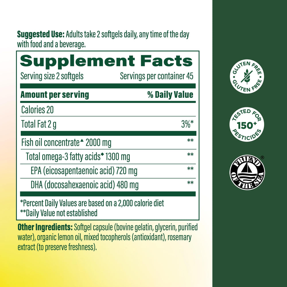 Close-up of MegaFood burp-less omega-3 softgels with lemon aroma.