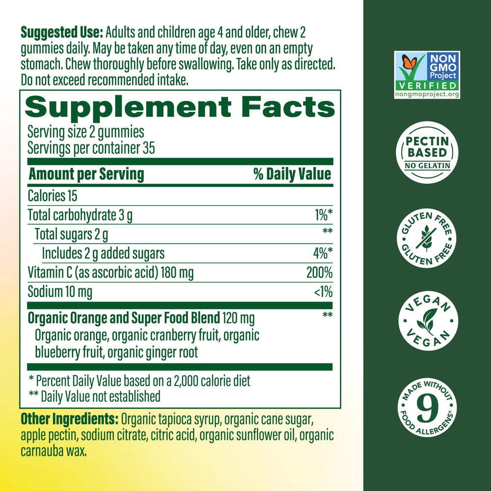 Close-up of MegaFood C Defense gummy, real-food ingredients in a tasty chewable.
