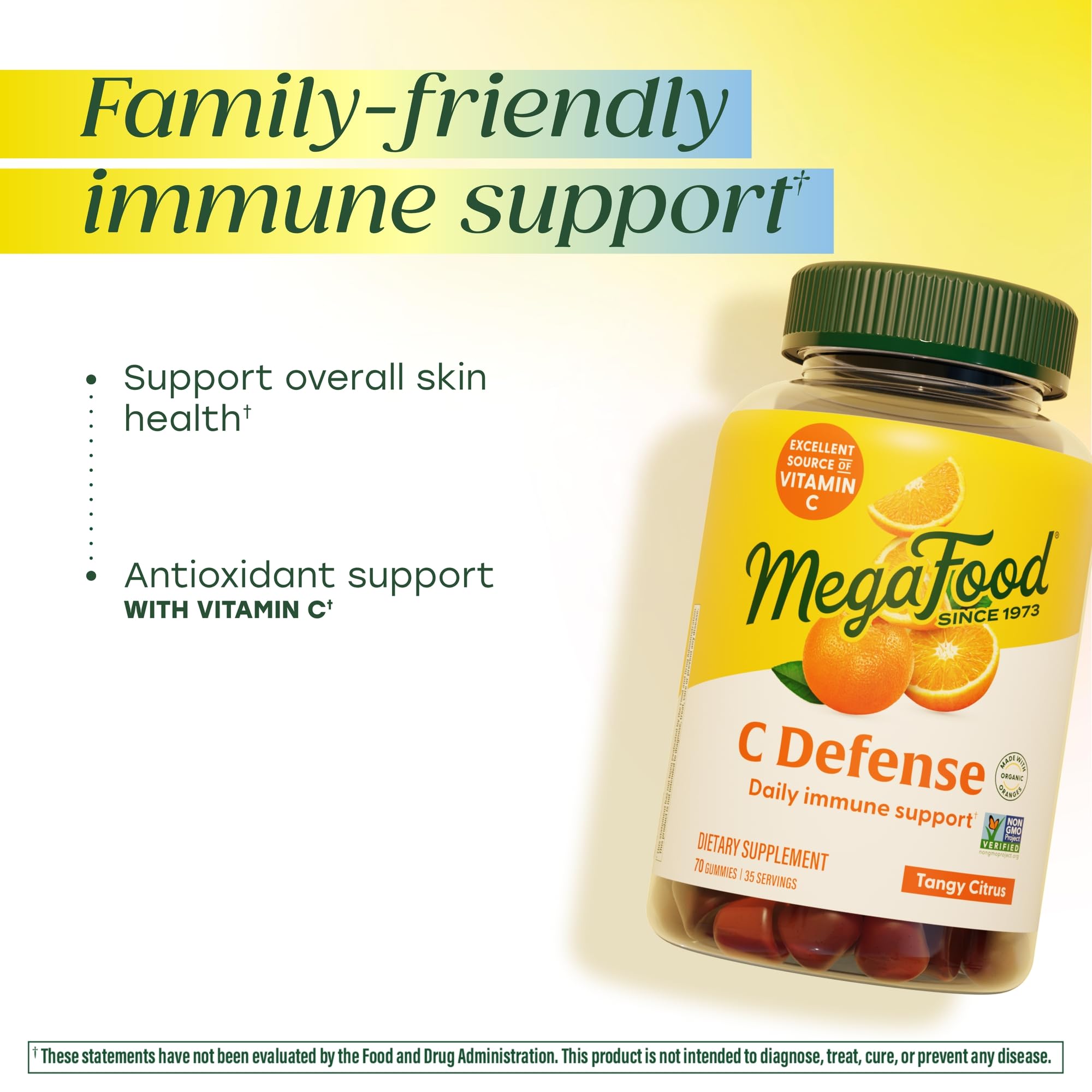 Ingredient lineup: orange, cranberry, blueberry, and ginger in MegaFood C Defense.