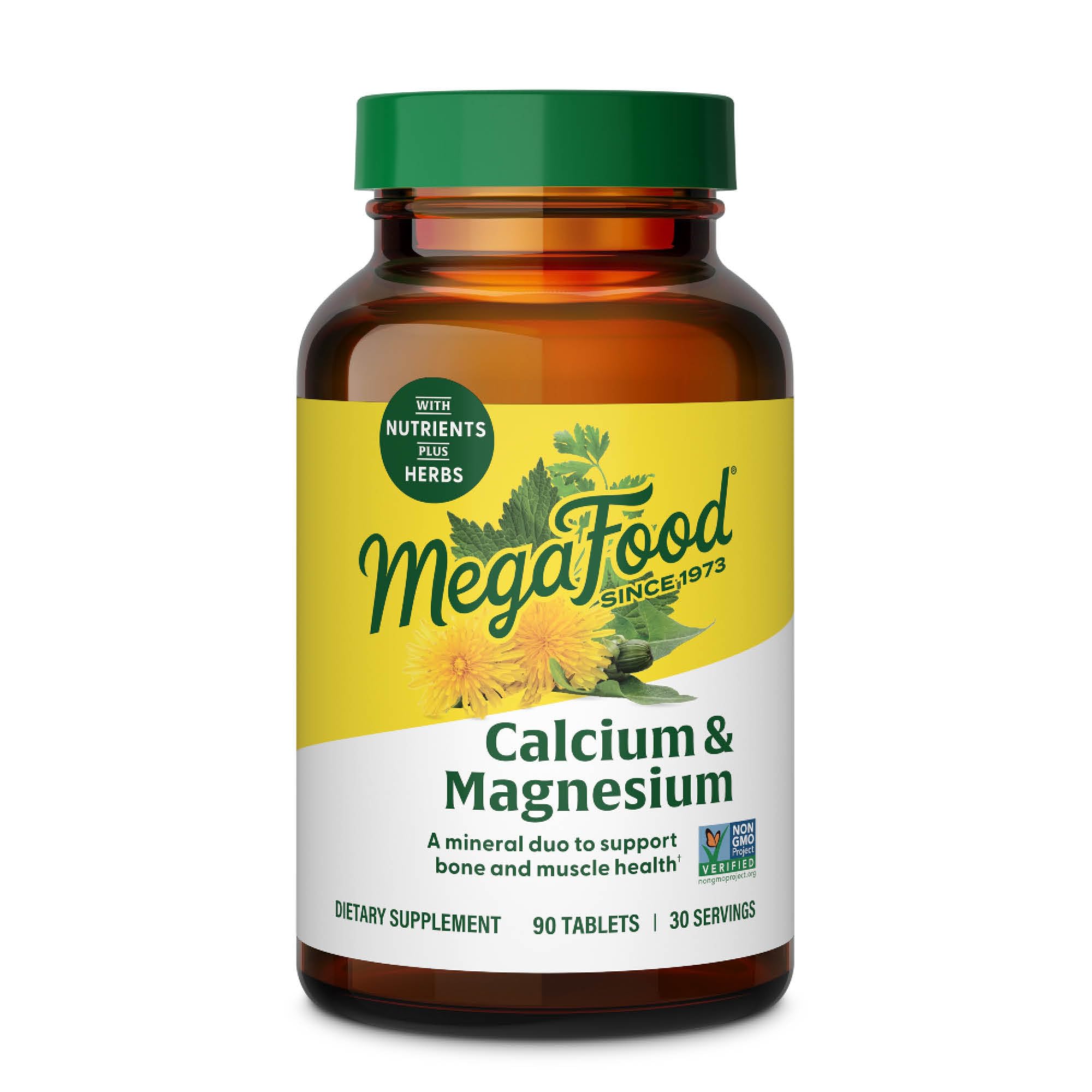 MegaFood Calcium and Magnesium bottle front, vegan minerals for bone support.