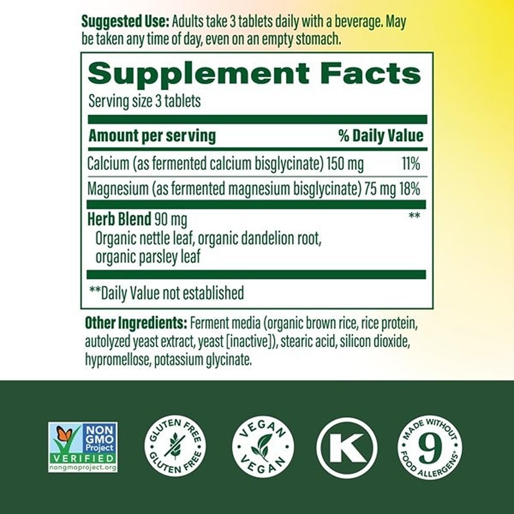 MegaFood Calcium and Magnesium bottle nutrition facts, allergen-free formulation.