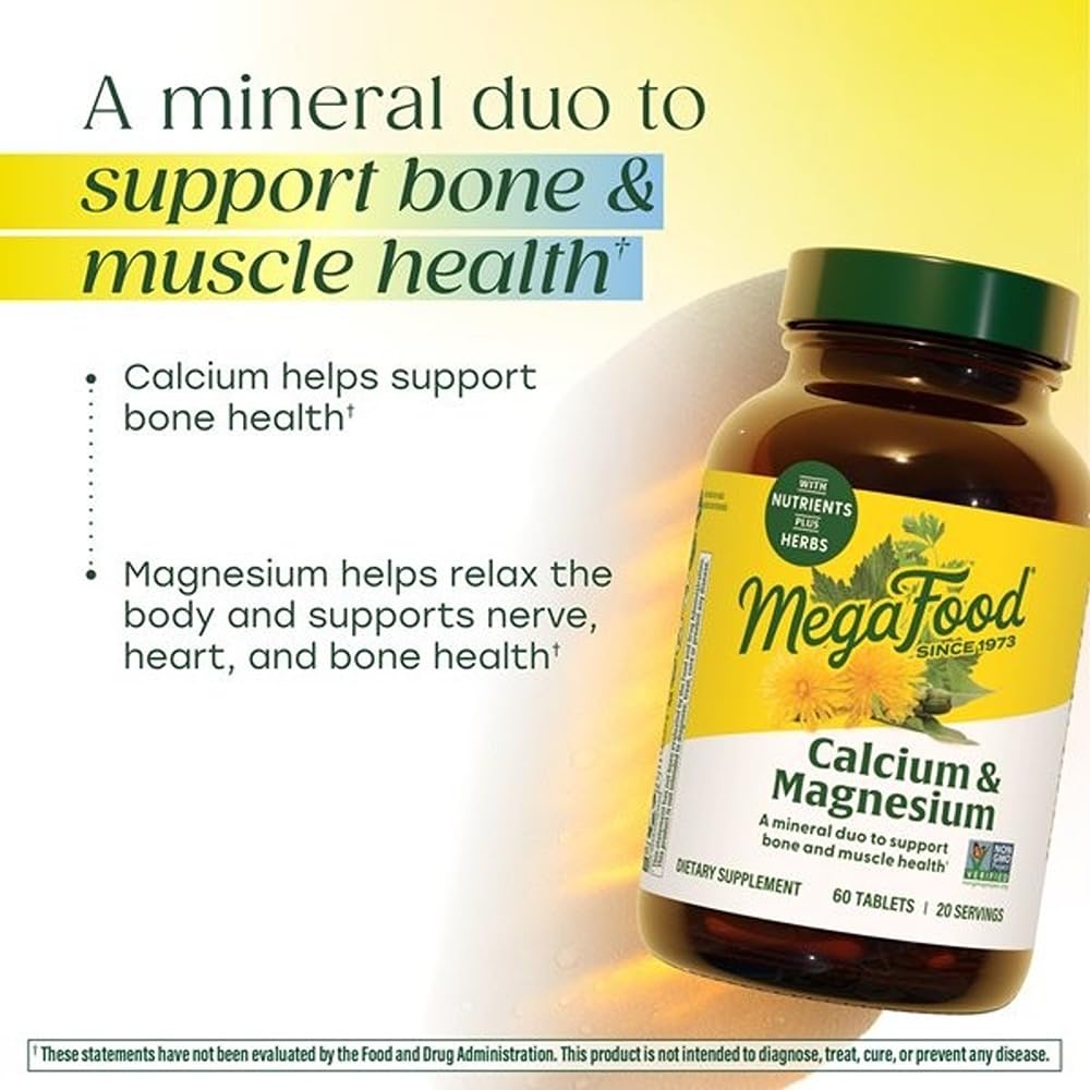 MegaFood Calcium and Magnesium tablets close-up, small and easy to swallow.