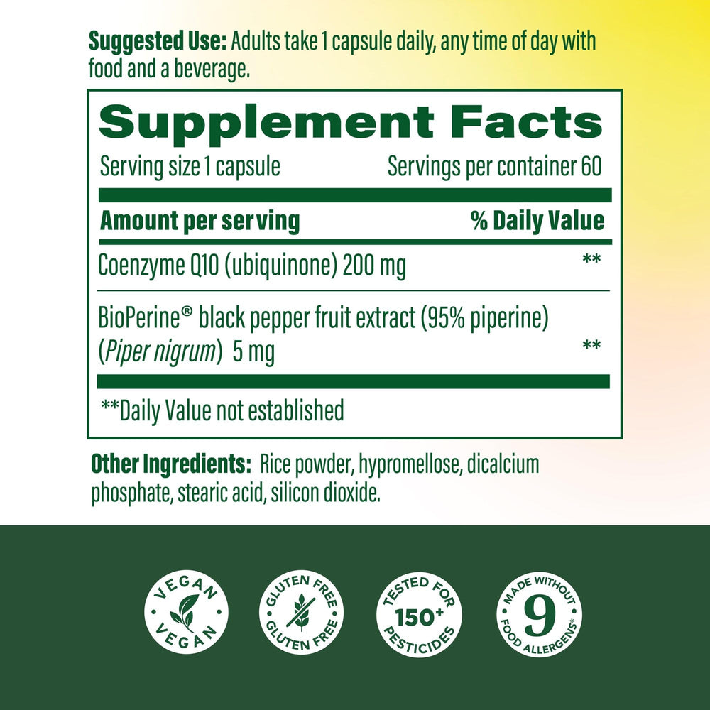 MegaFood CoQ10 200mg bottle back showing serving size and daily use details.