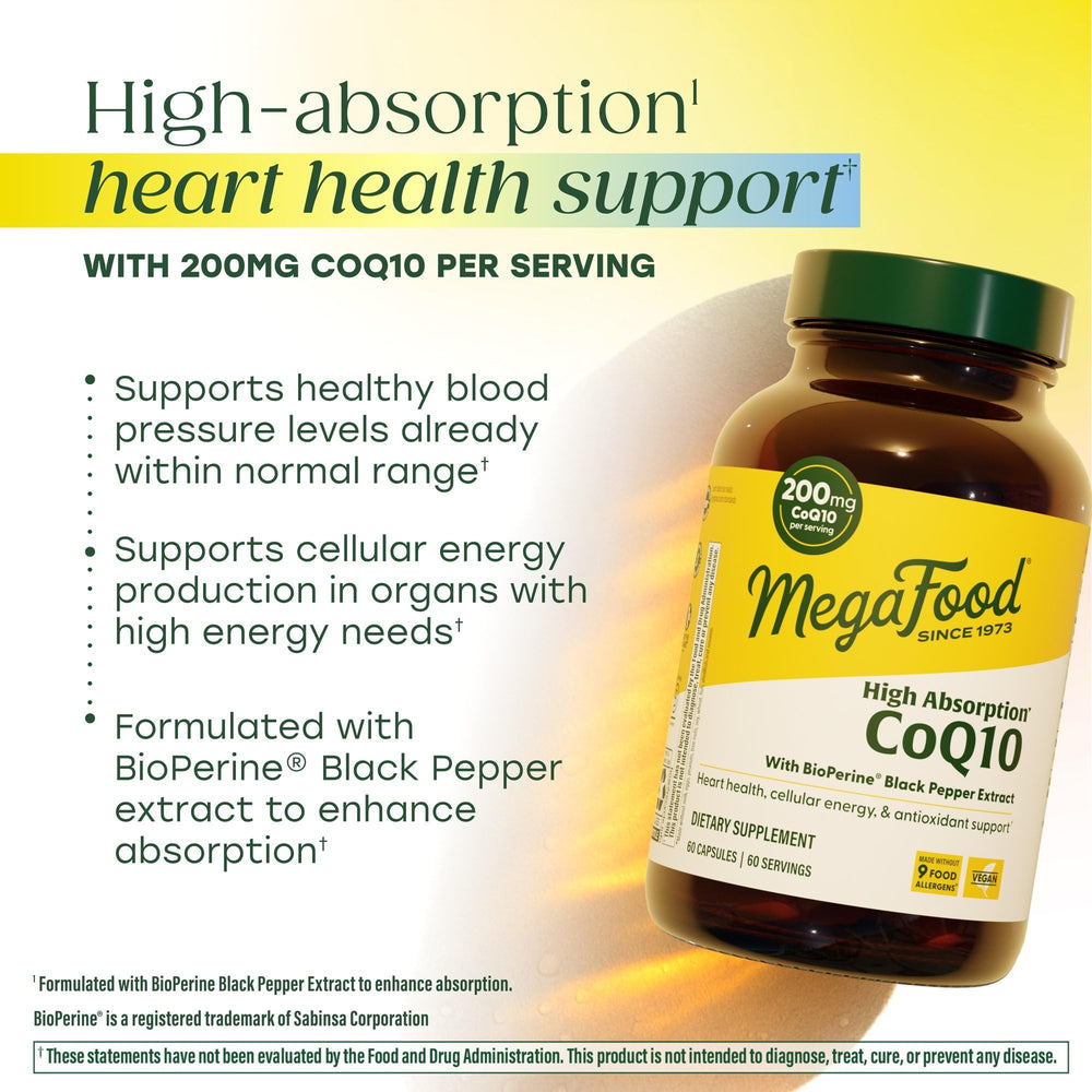Capsules close-up illustrating 200mg CoQ10 per serving for daily use.