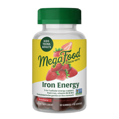 MegaFood Iron Energy Gummies packaging shows strawberry flavor for daily energy support.