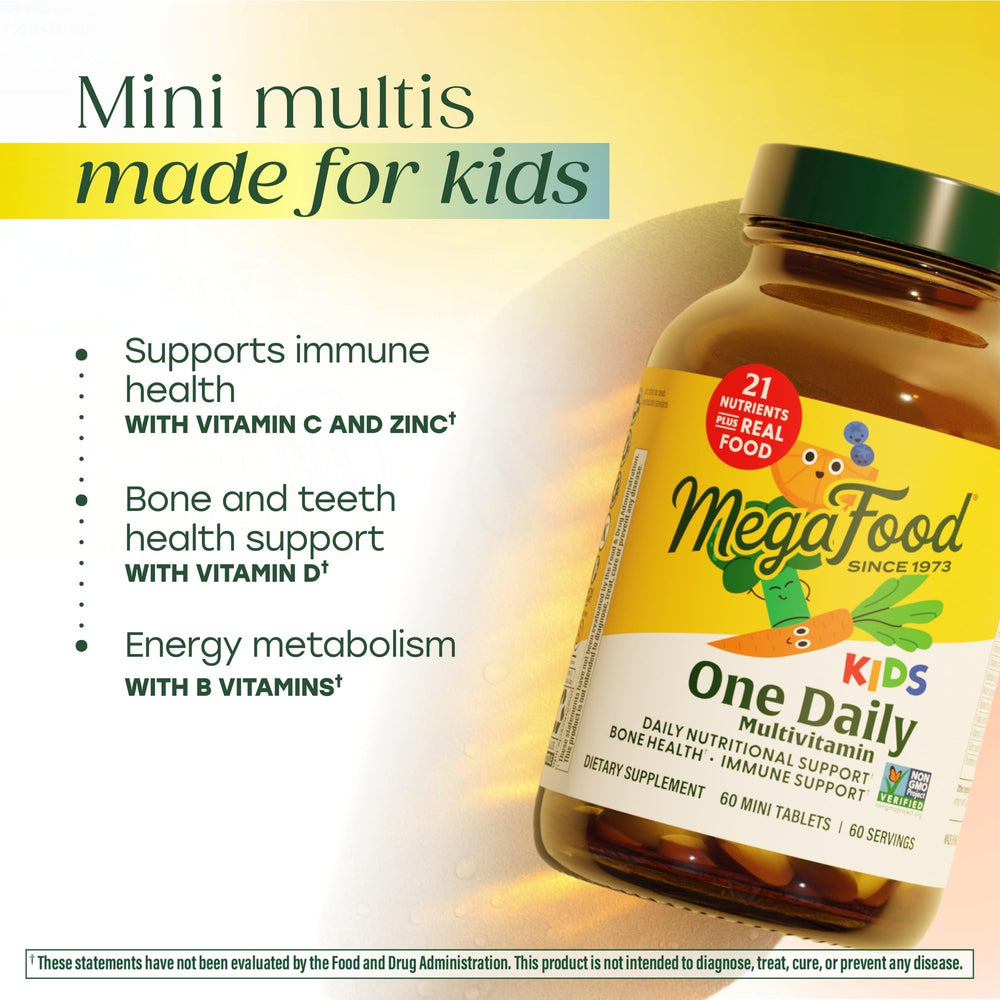 Real-food ingredient blend in MegaFood Kids One Daily multivitamin with orange, blueberry, carrot