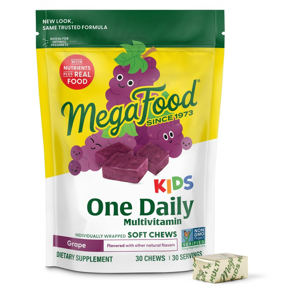 MegaFood Kids One Daily Soft Chews bottle front supports daily vitamin intake for growing children.