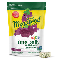 MegaFood Kids One Daily Soft Chews bottle front supports daily vitamin intake for growing children.