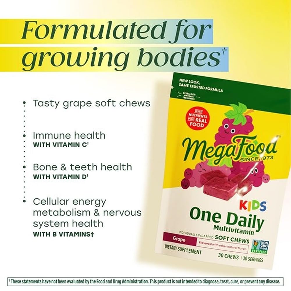 MegaFood Kids One Daily Soft Chews nutrition label highlights vitamins B, C, and D for energy.