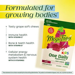 MegaFood Kids One Daily Soft Chews nutrition label highlights vitamins B, C, and D for energy.