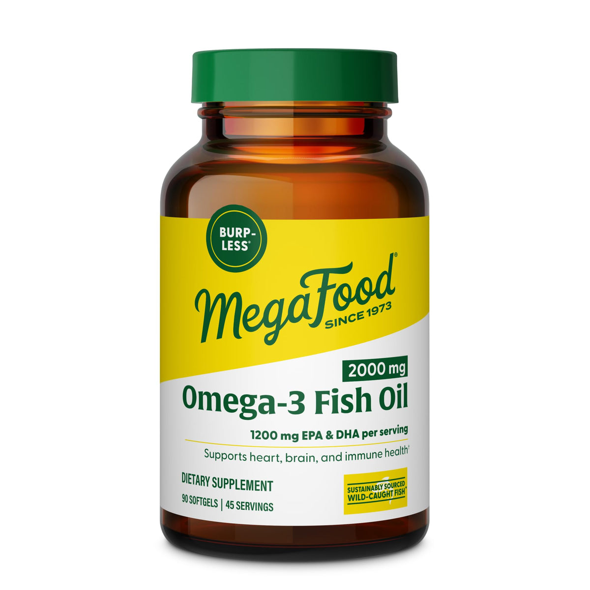 MegaFood lemon-infused omega-3 softgels for burp-free daily use.