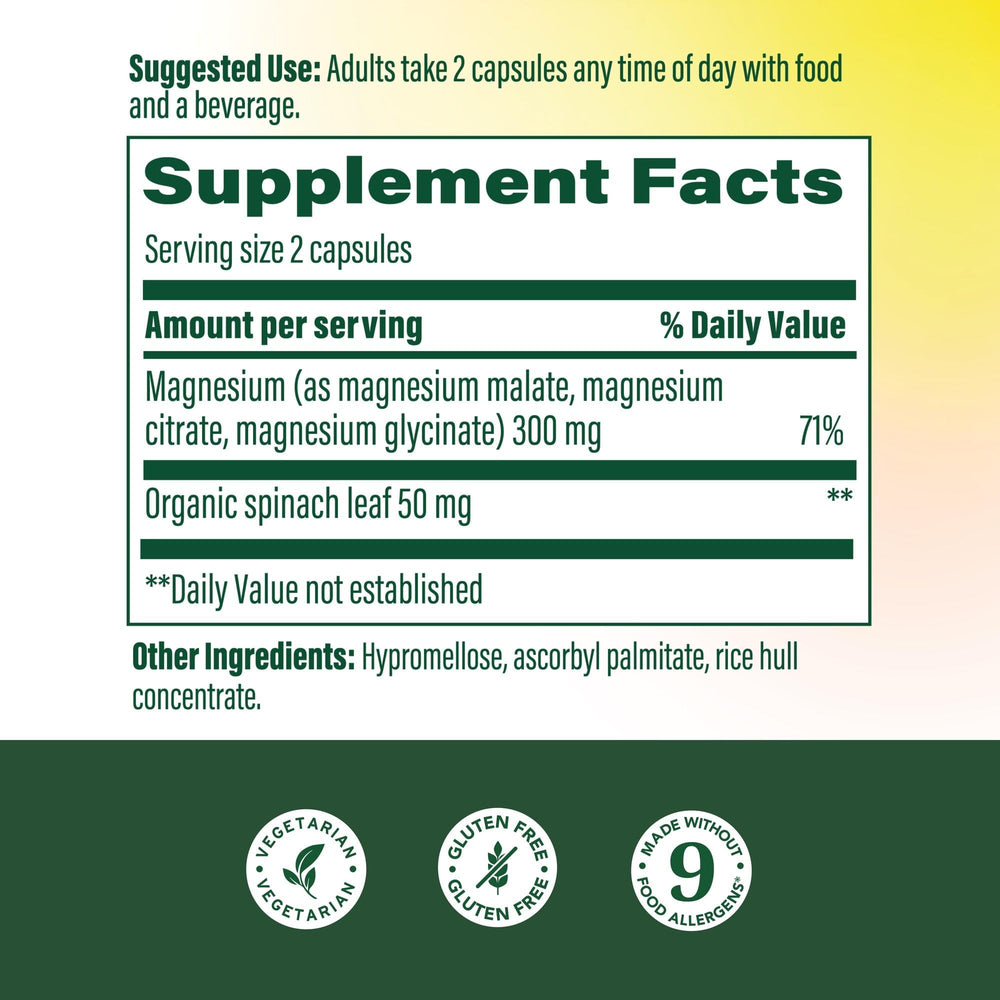 MegaFood Magnesium capsules closeup shows glycinate, citrate, and malate