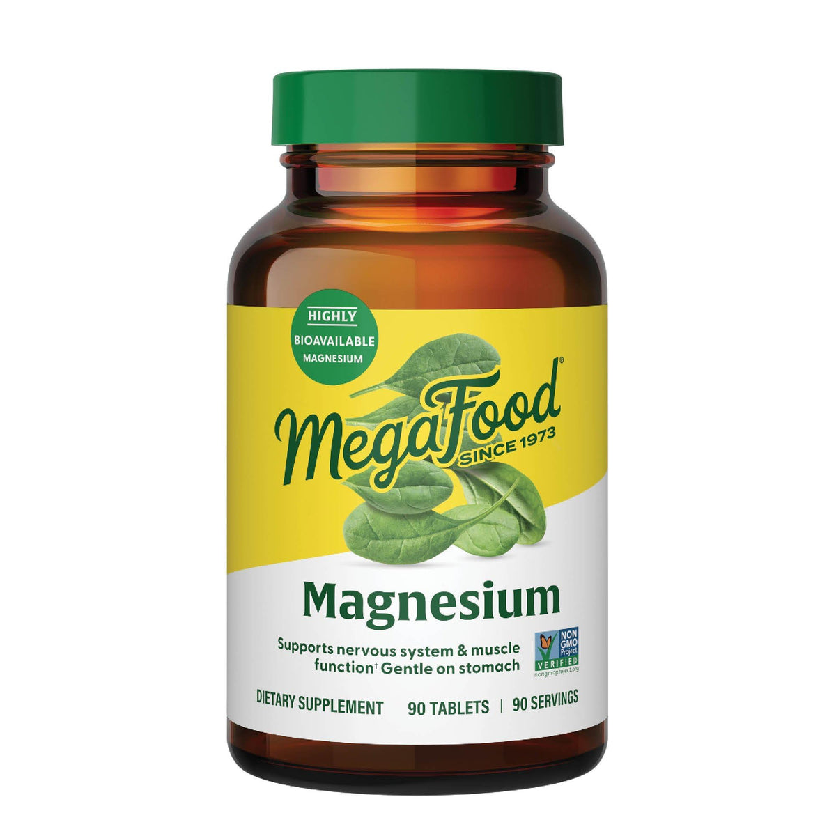 MegaFood magnesium supplement bottle showing fermented glycinate for muscle support.