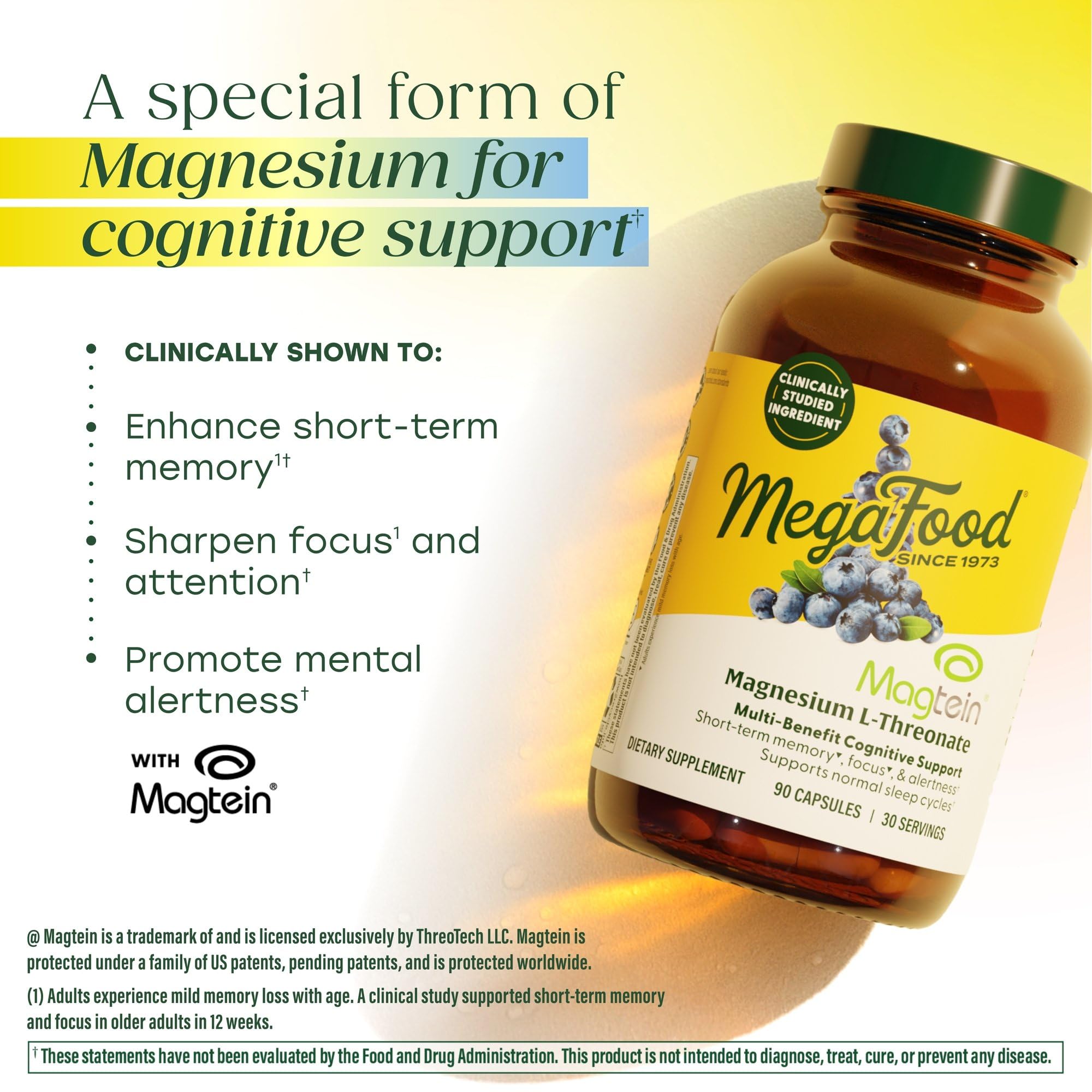 MegaFood Magtein capsules inside bottle enable easy daily intake for memory support