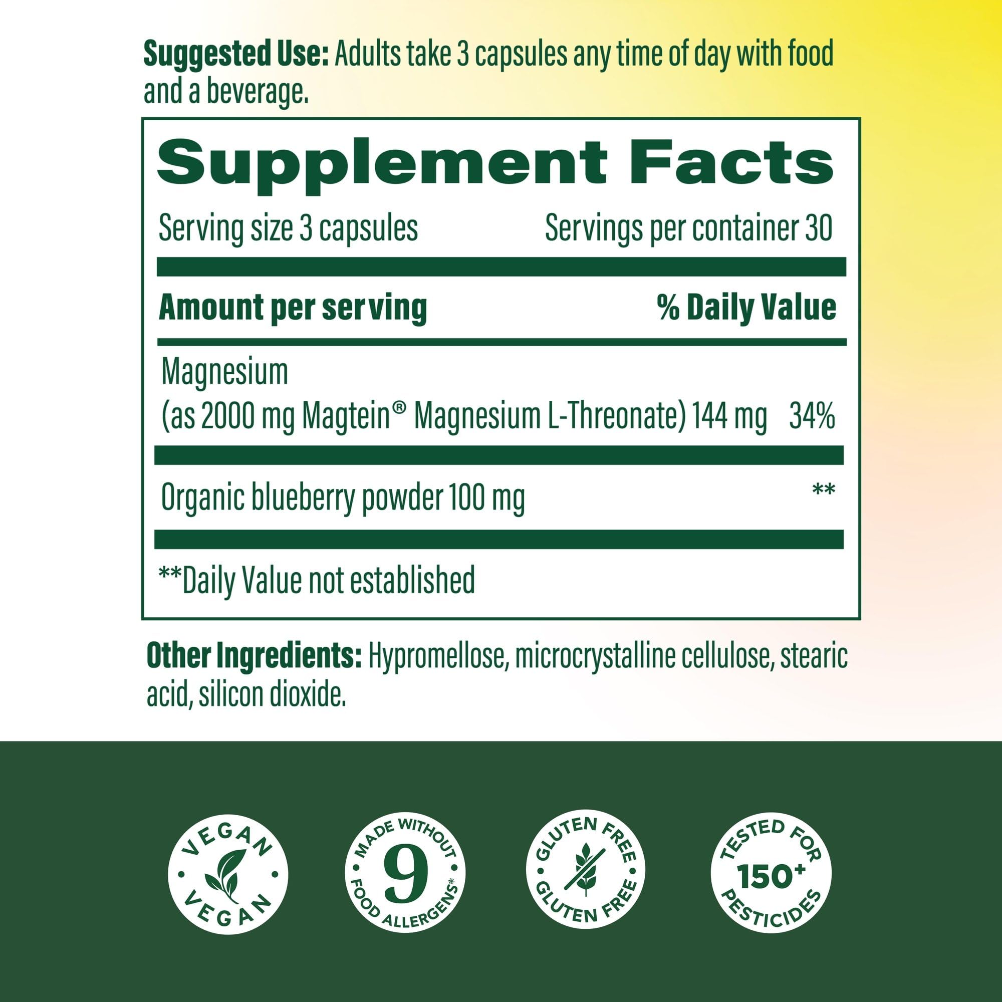 MegaFood Magtein label closeup emphasizes Magtein and vegan gluten-free formula for clean supplementation