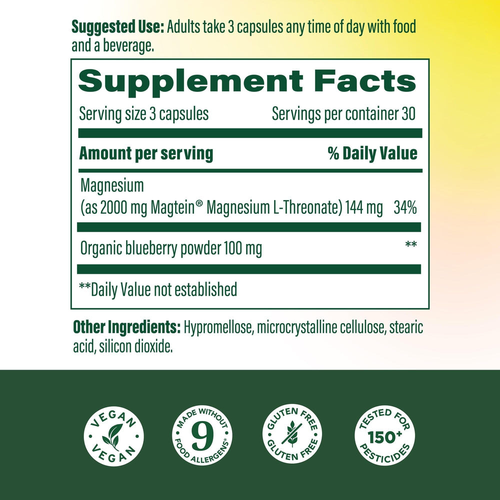 MegaFood Magtein label closeup emphasizes Magtein and vegan gluten-free formula for clean supplementation