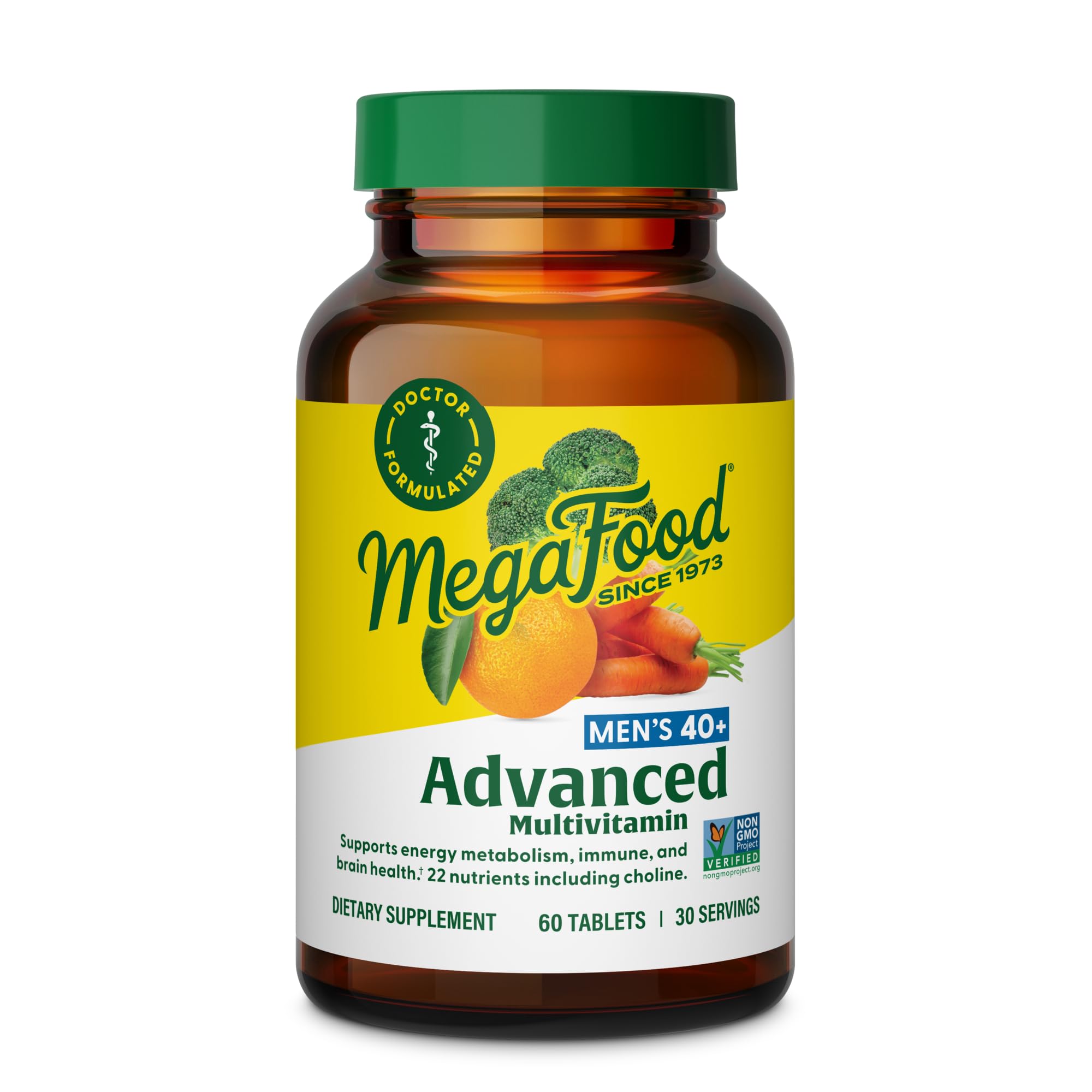 MegaFood Men's 40+ Advanced Multivitamin front label shows real-food ingredients for daily wellness.