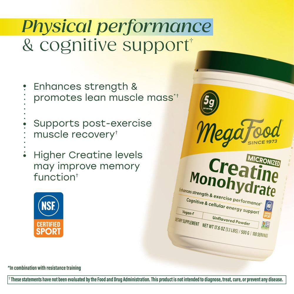 MegaFood Creatine powder tub label highlighting vegan, gluten-free, and quality features