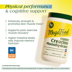 MegaFood Creatine powder tub label highlighting vegan, gluten-free, and quality features