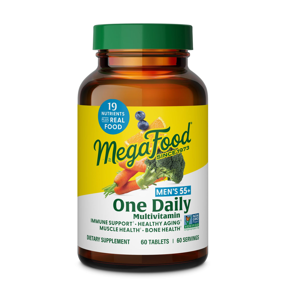 MegaFood Multivitamin for Men 55+ bottle front, convenient one-daily tablet for aging support.