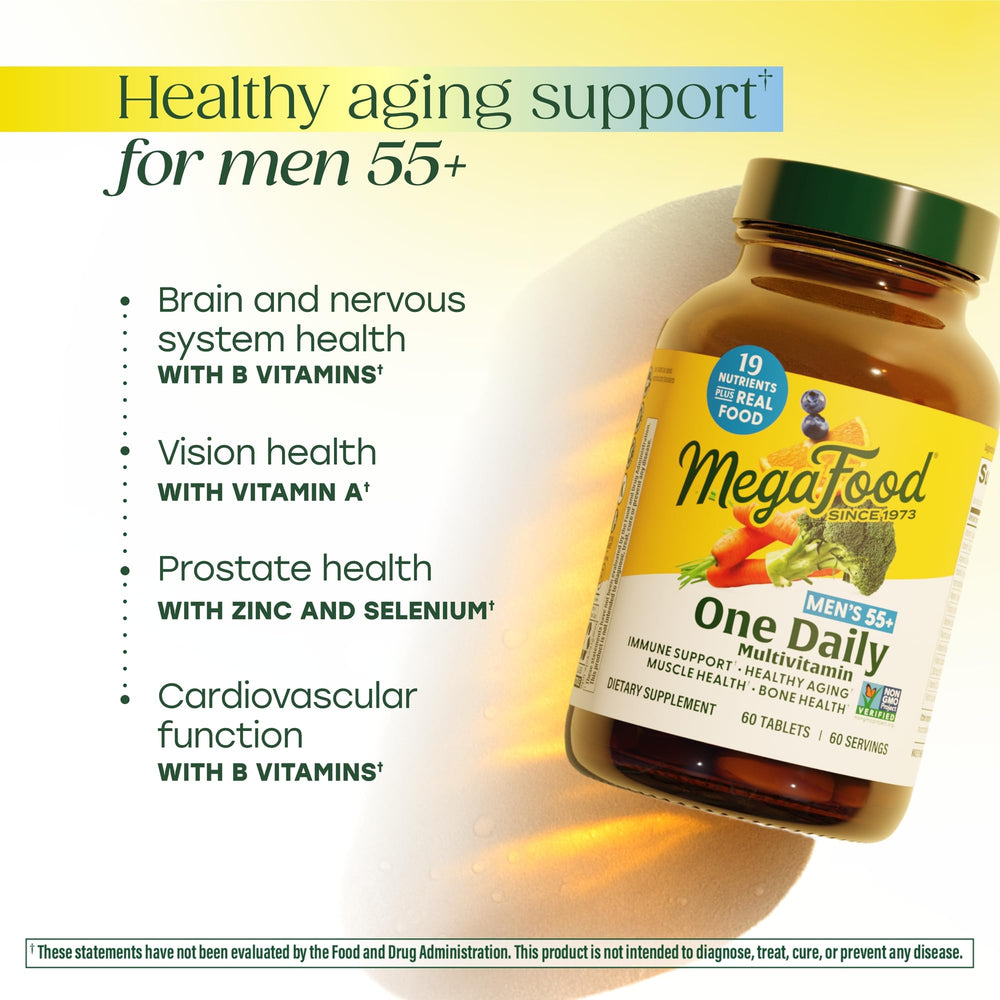 MegaFood tablet close-up, simple 1‑tablet daily dose for busy mornings.