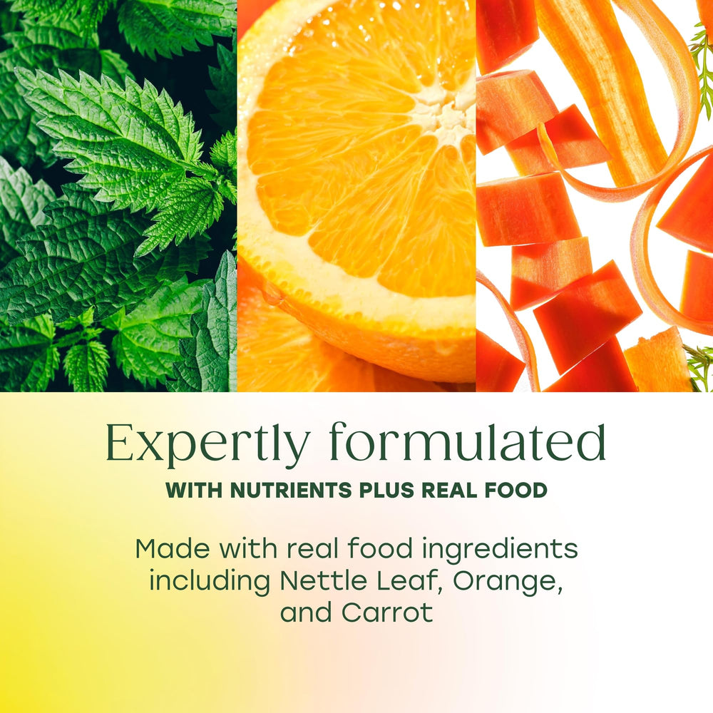 Nettle leaf and carrot ingredients shown for natural nourishment