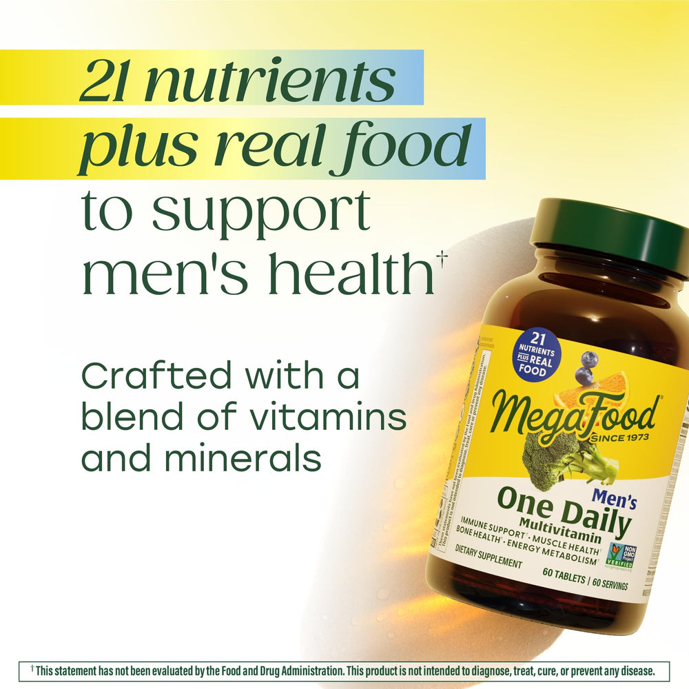 megafood one daily men's multivitamin bottle open showing 90 servings for value