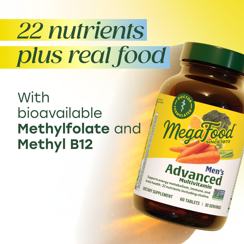 Real-food ingredients like broccoli, carrots, and oranges in MegaFood formula