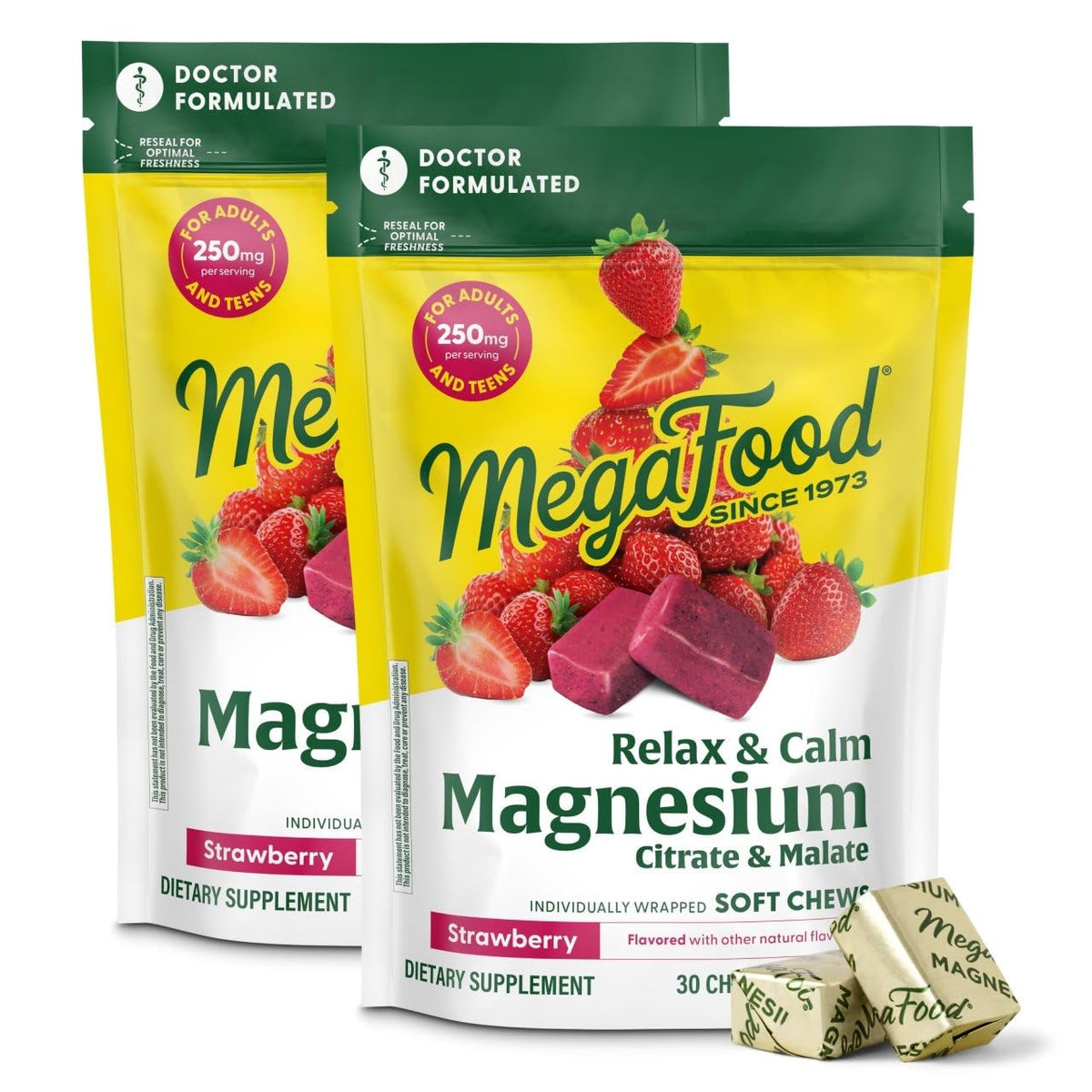 MegaFood Relax Calm bottle front with strawberry flavored chewable.