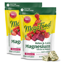 MegaFood Relax Calm bottle front with strawberry flavored chewable.